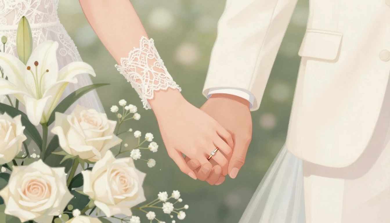 A romantic close-up illustration of a newlywed couple holdin...