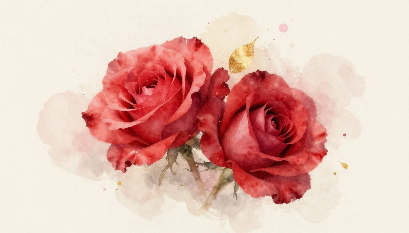 A beautiful watercolor painting of two delicate red roses in...