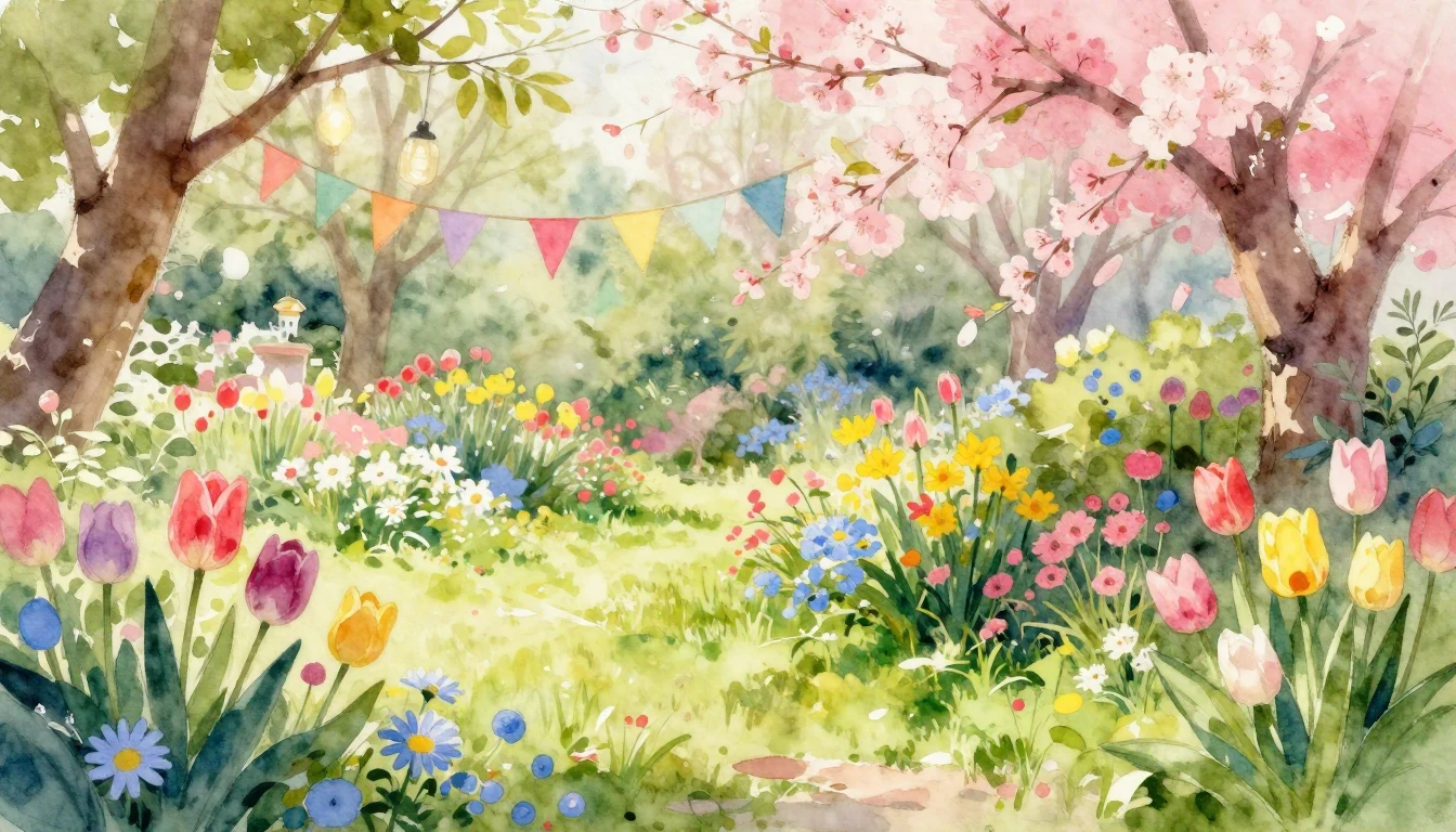 A vibrant watercolor painting of a lush spring garden in ful...