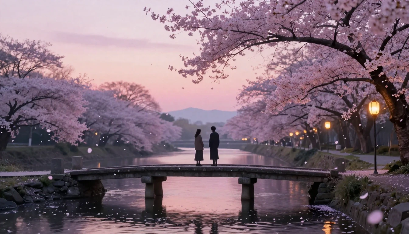 A dreamy and ethereal scene of two silhouettes standing on a...