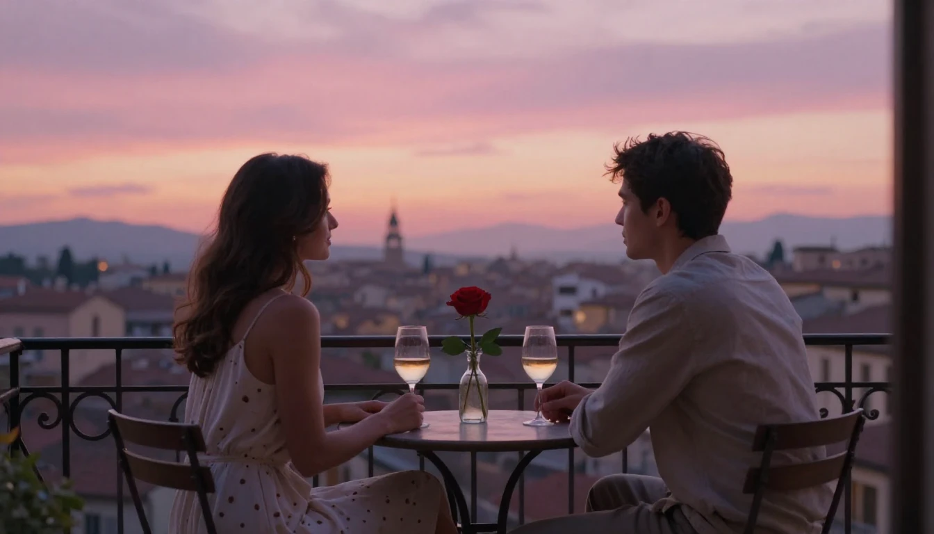 A romantic and dreamy scene depicting a couple sitting on a ...