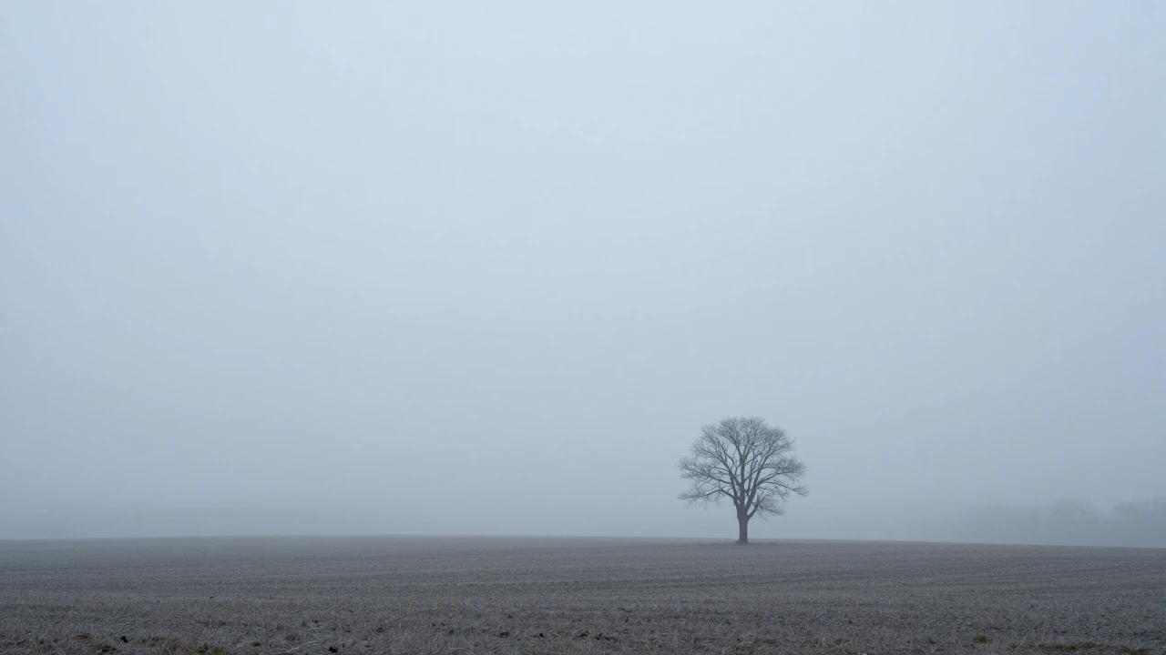 A vast, empty landscape under a heavy, overcast sky. A singl...