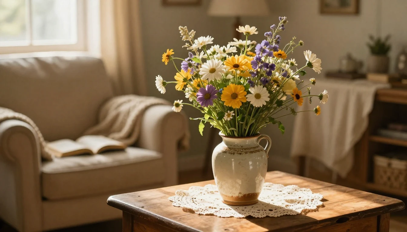 A cozy, sunlit living room scene focusing on a beautiful bou...