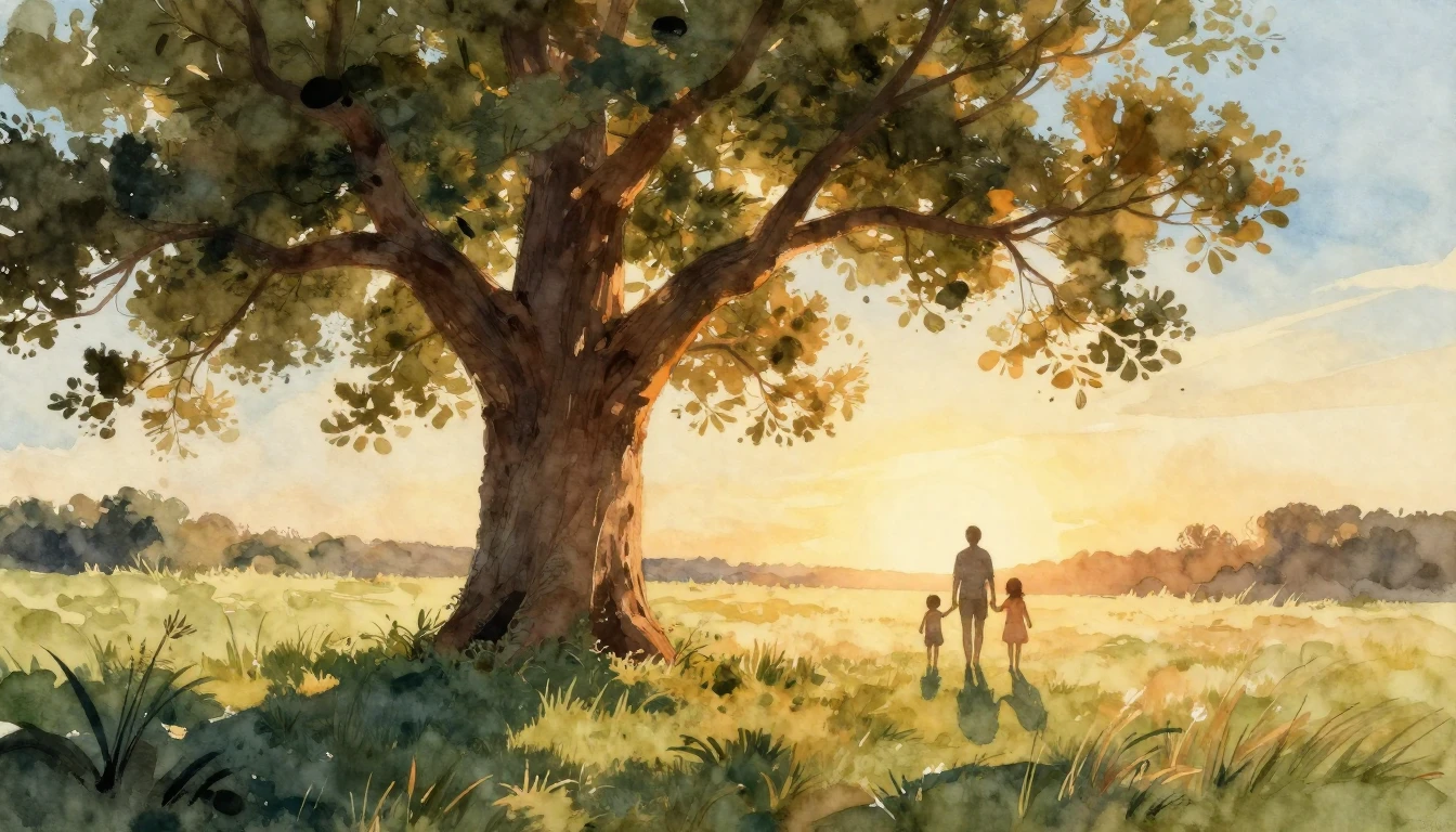 A heartwarming watercolor painting depicting a peaceful outd...