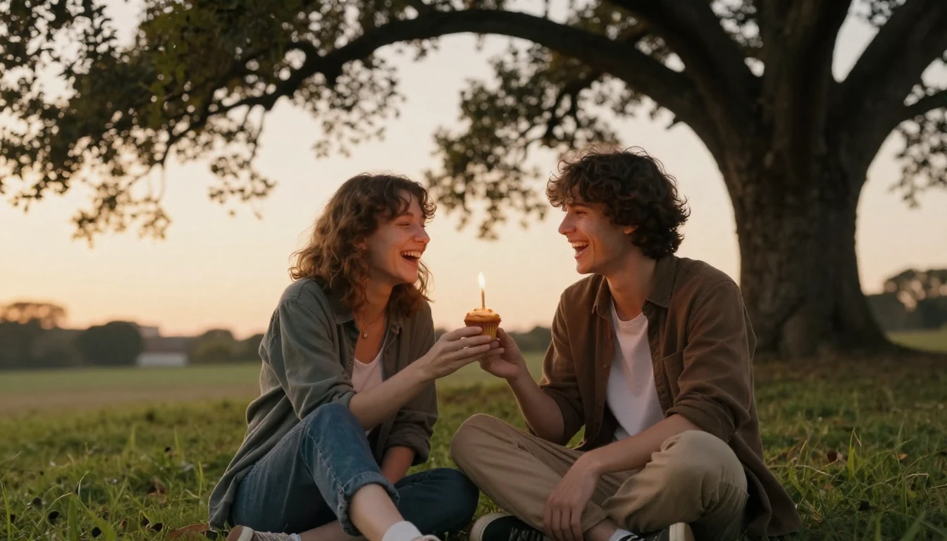 Two friends sitting on a grassy hill during a golden sunset,...