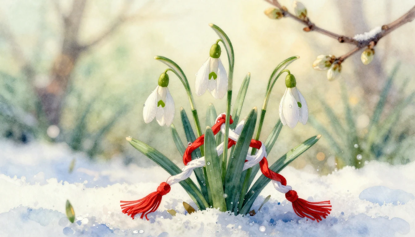 A delicate watercolor painting of the first spring snowdrops...