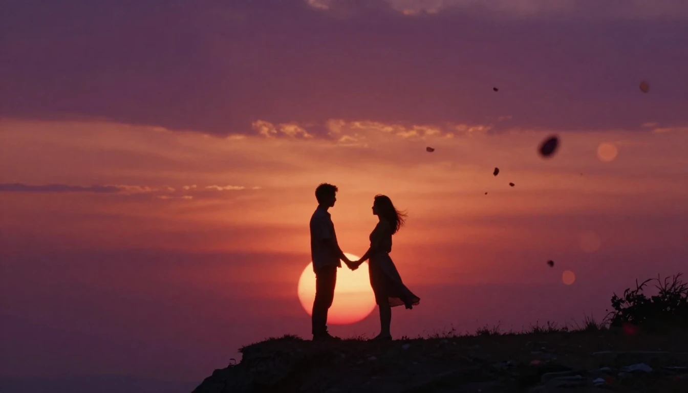 A romantic cinematic shot of a couple standing on a cliff ed...