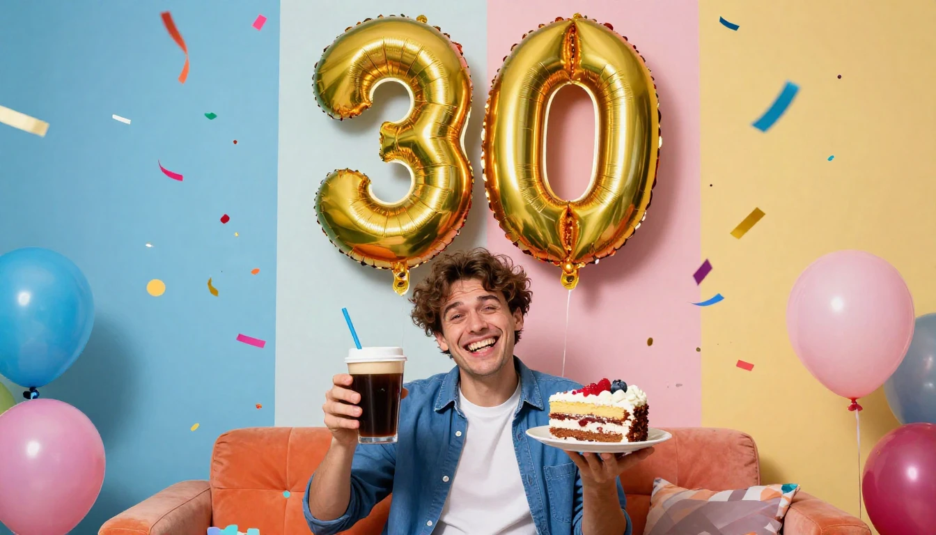 A funny and vibrant birthday party scene. A large, bright 30...