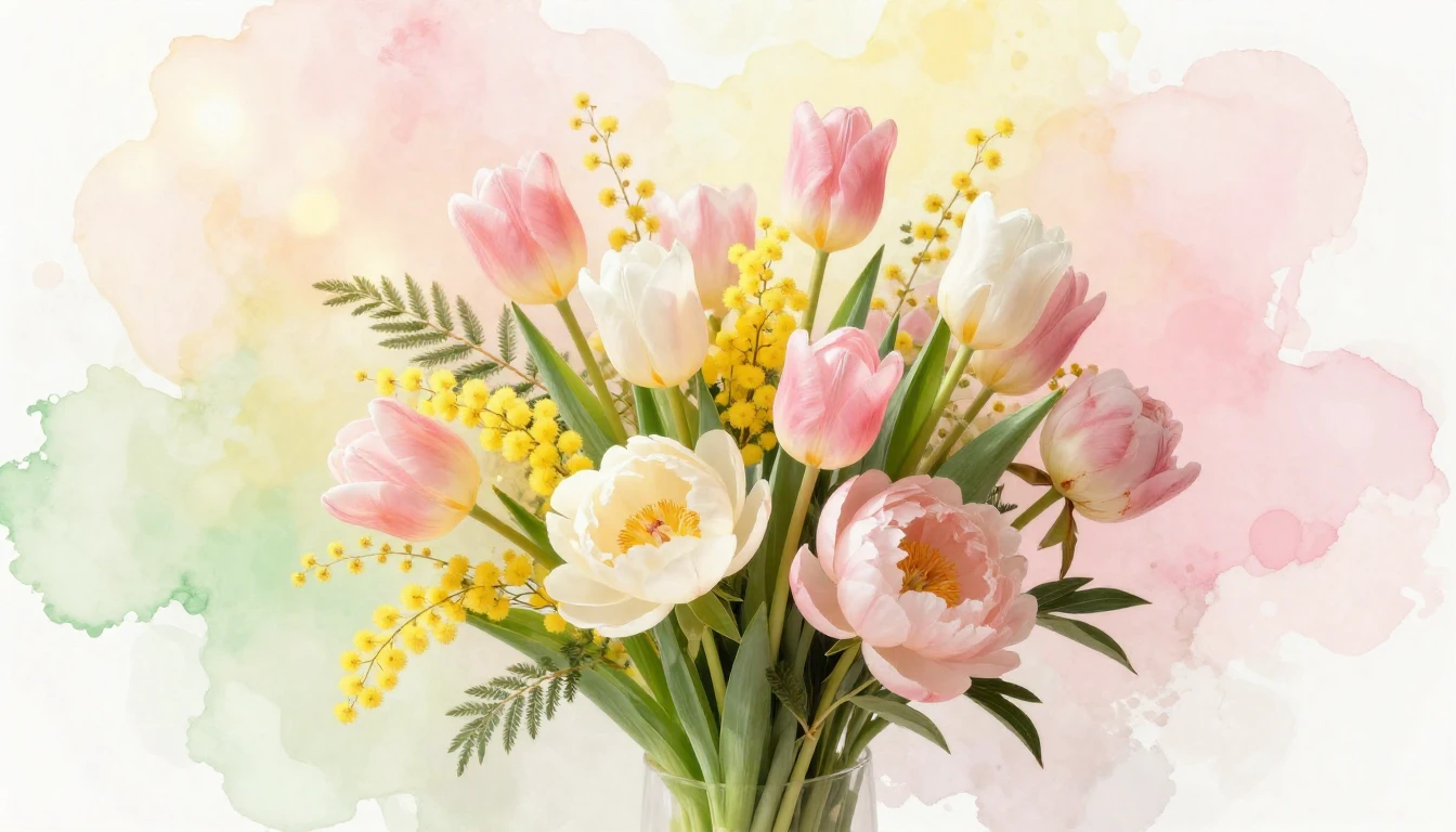 A beautiful bouquet of spring flowers including tulips, mimo...