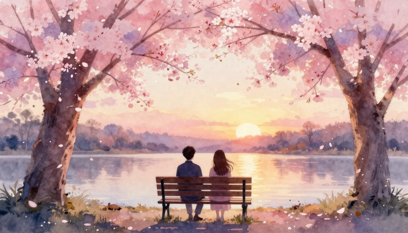 A beautiful watercolor painting of two silhouettes sitting o...