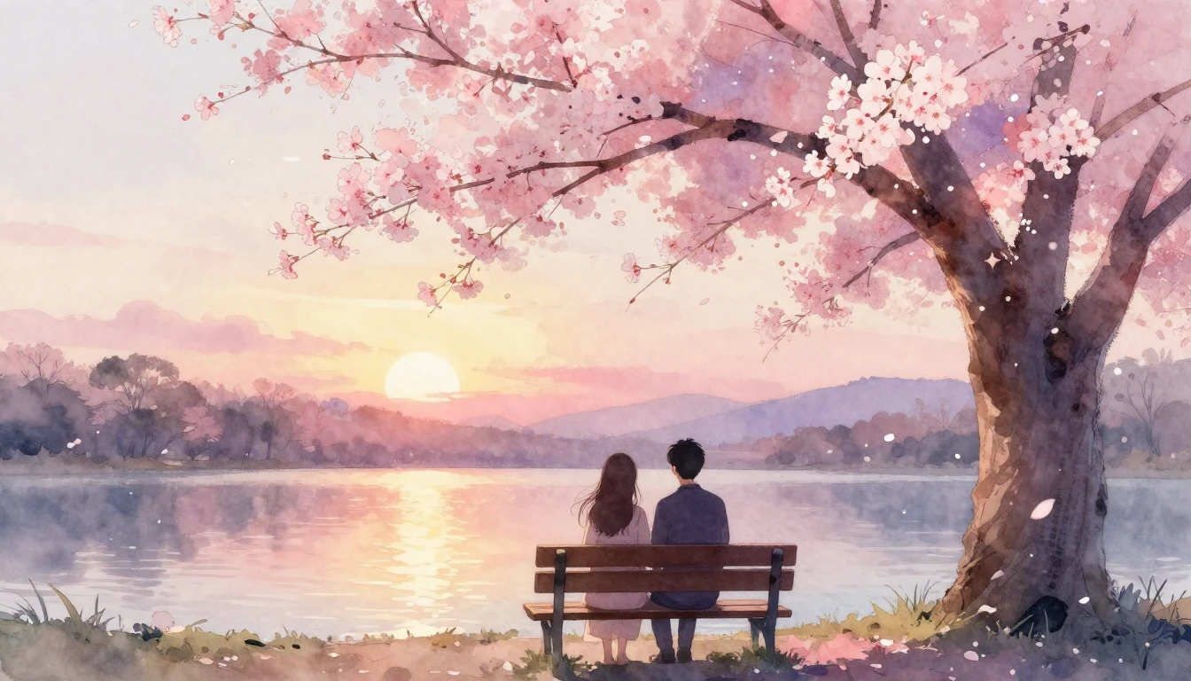 A dreamy and romantic scene featuring two silhouettes of a c...