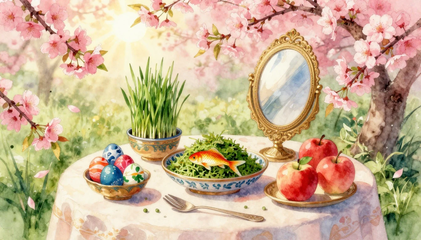 A beautiful, vibrant watercolor painting celebrating Nowruz ...