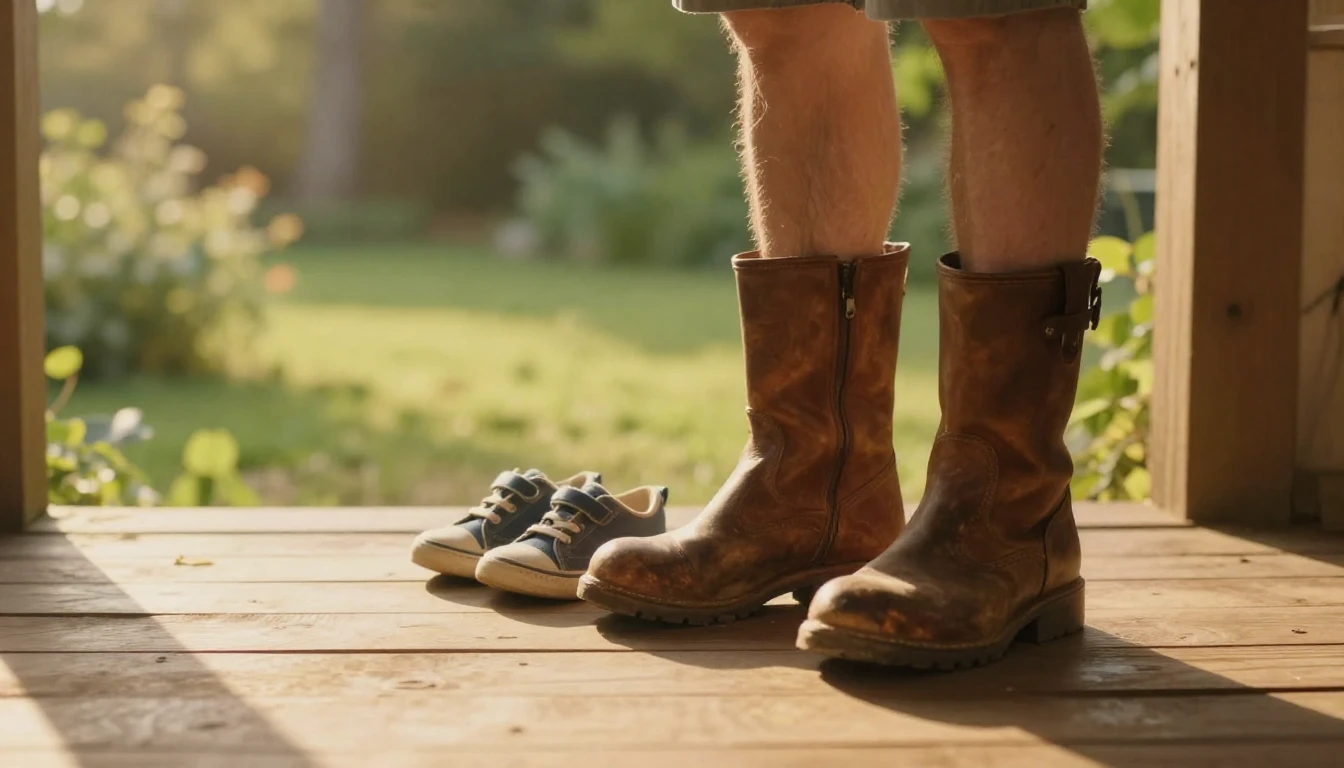 A cozy scene of two pairs of shoes—a large pair of worn-in l...