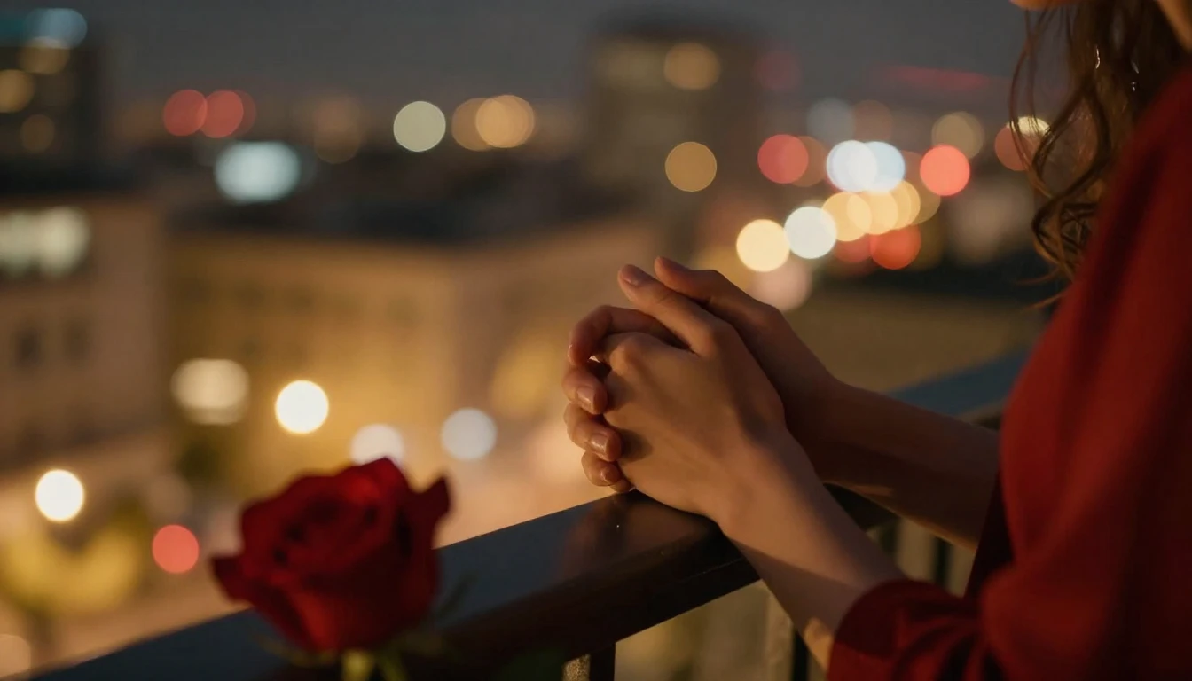 A cinematic, romantic close-up shot of a couple holding hand...