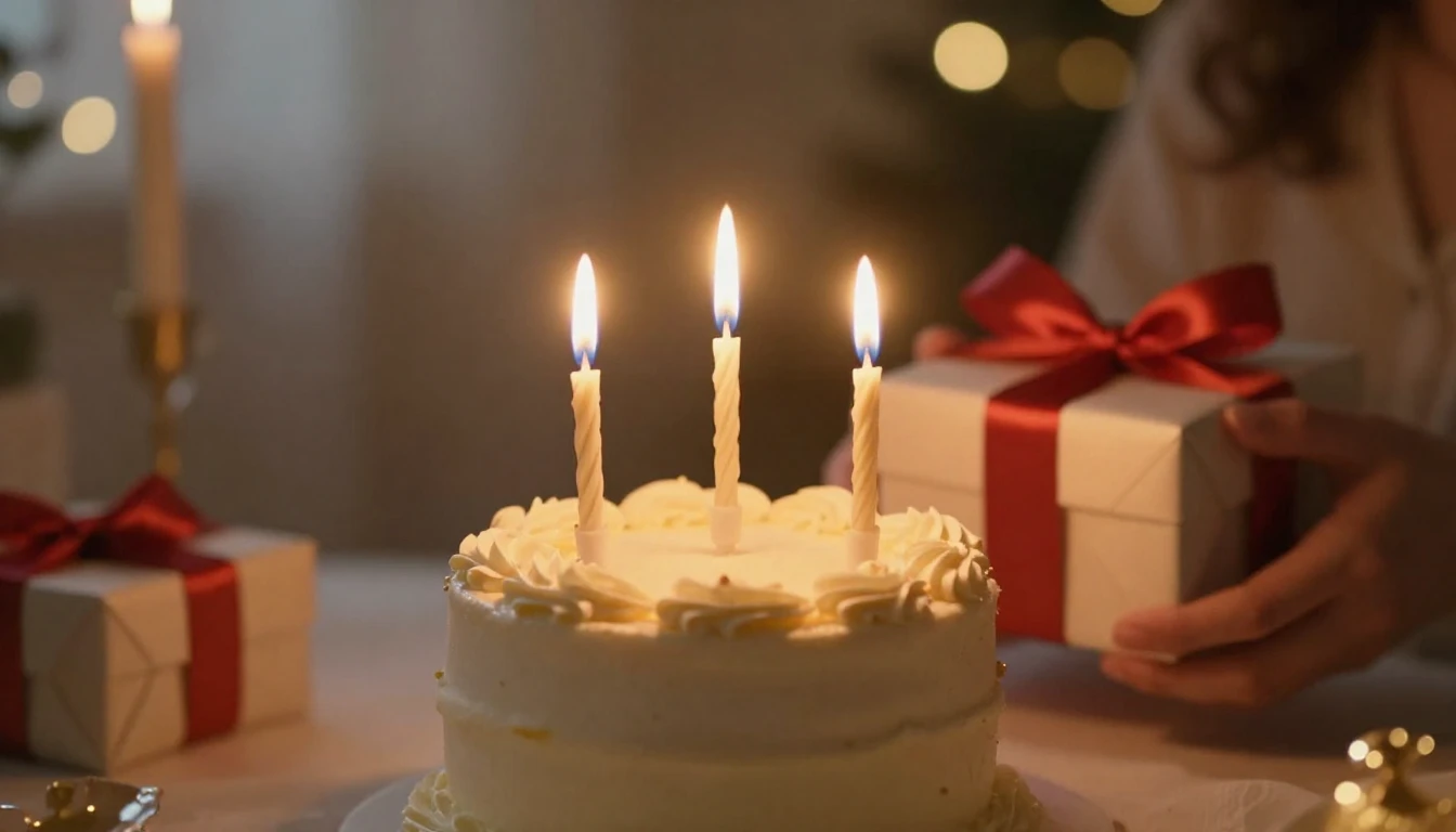 A cinematic close-up shot of a small, elegant birthday cake ...