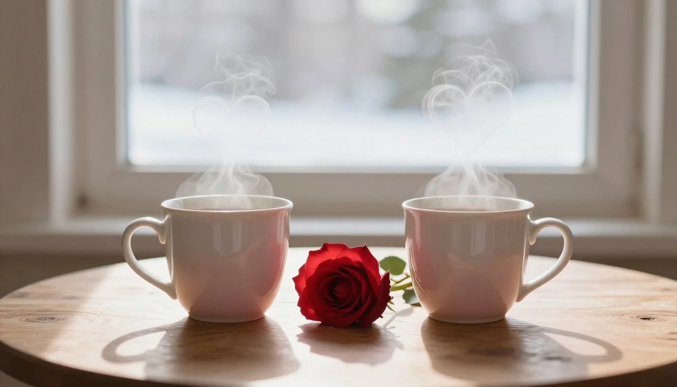 A soft and romantic composition depicting a cozy wooden tabl...