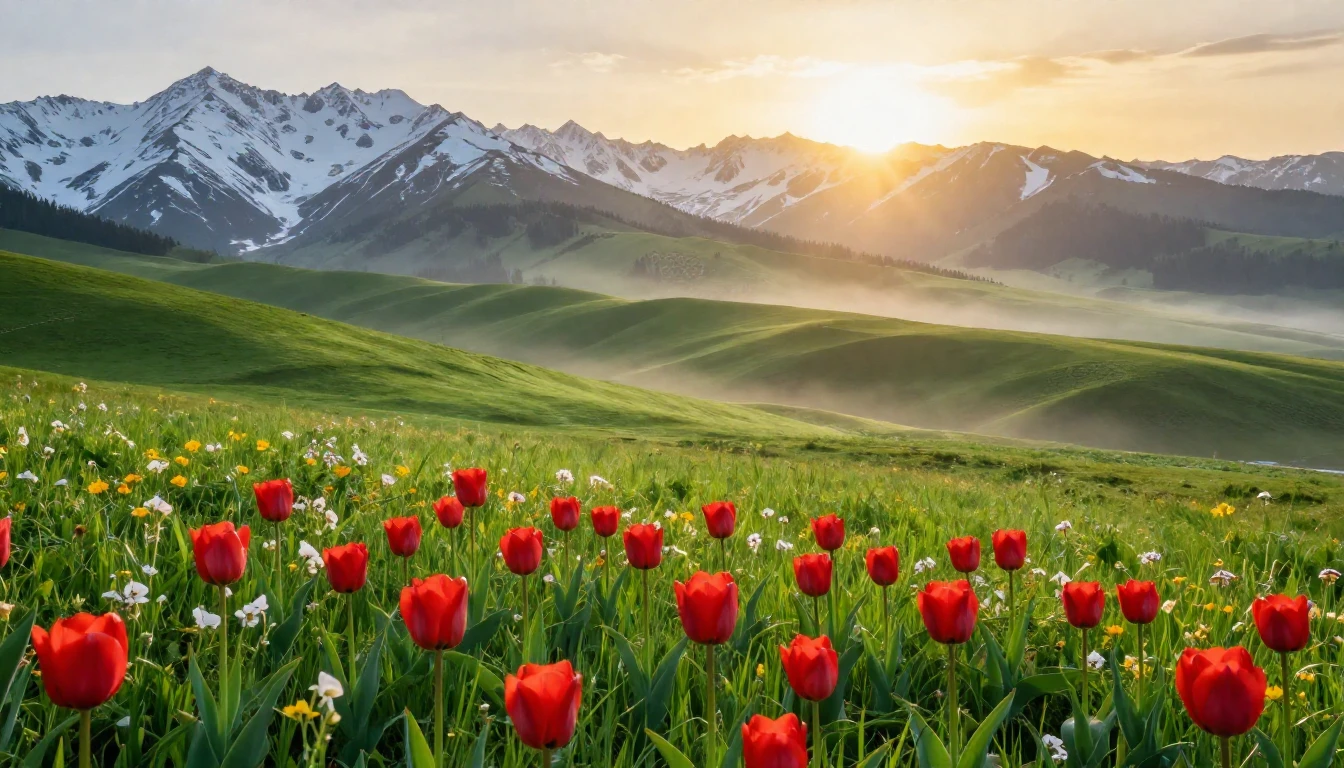 An evocative scene of a vast emerald green meadow under towe...