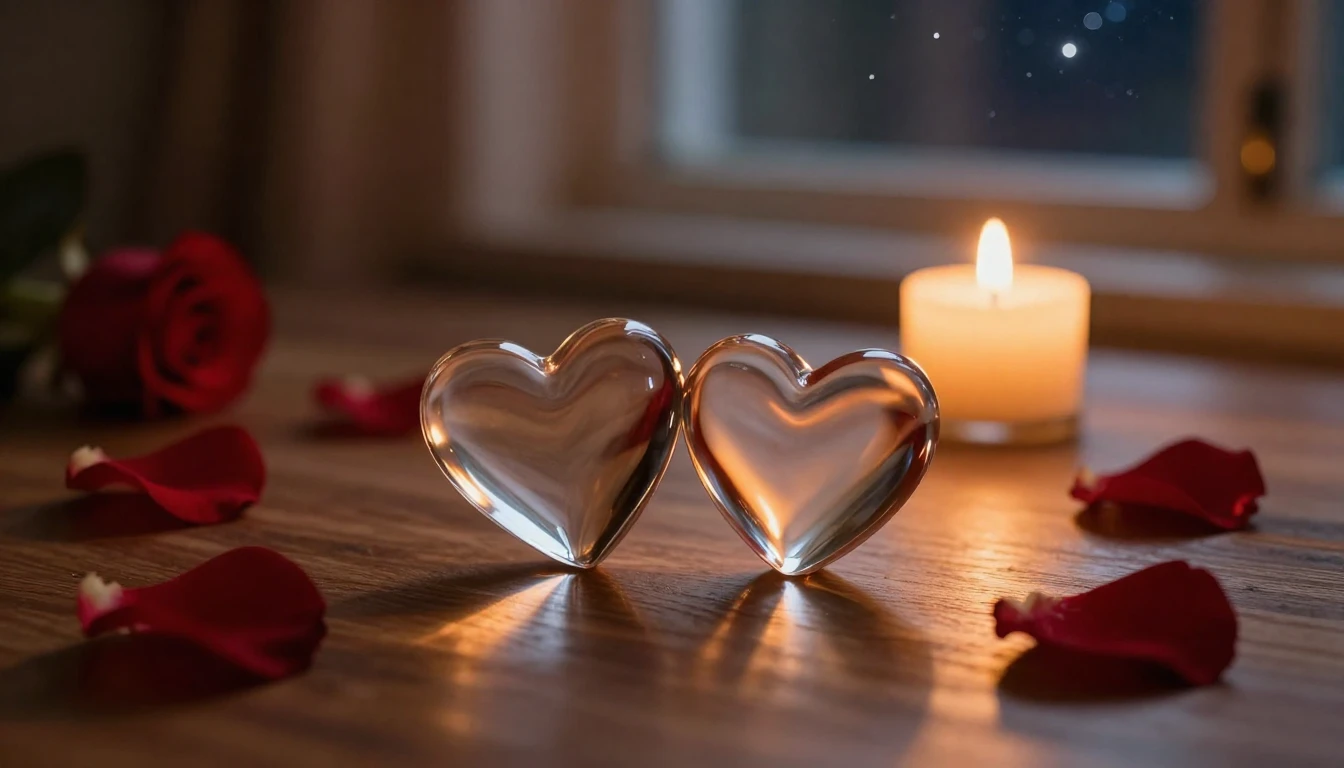 A serene and romantic scene featuring two elegant glass hear...