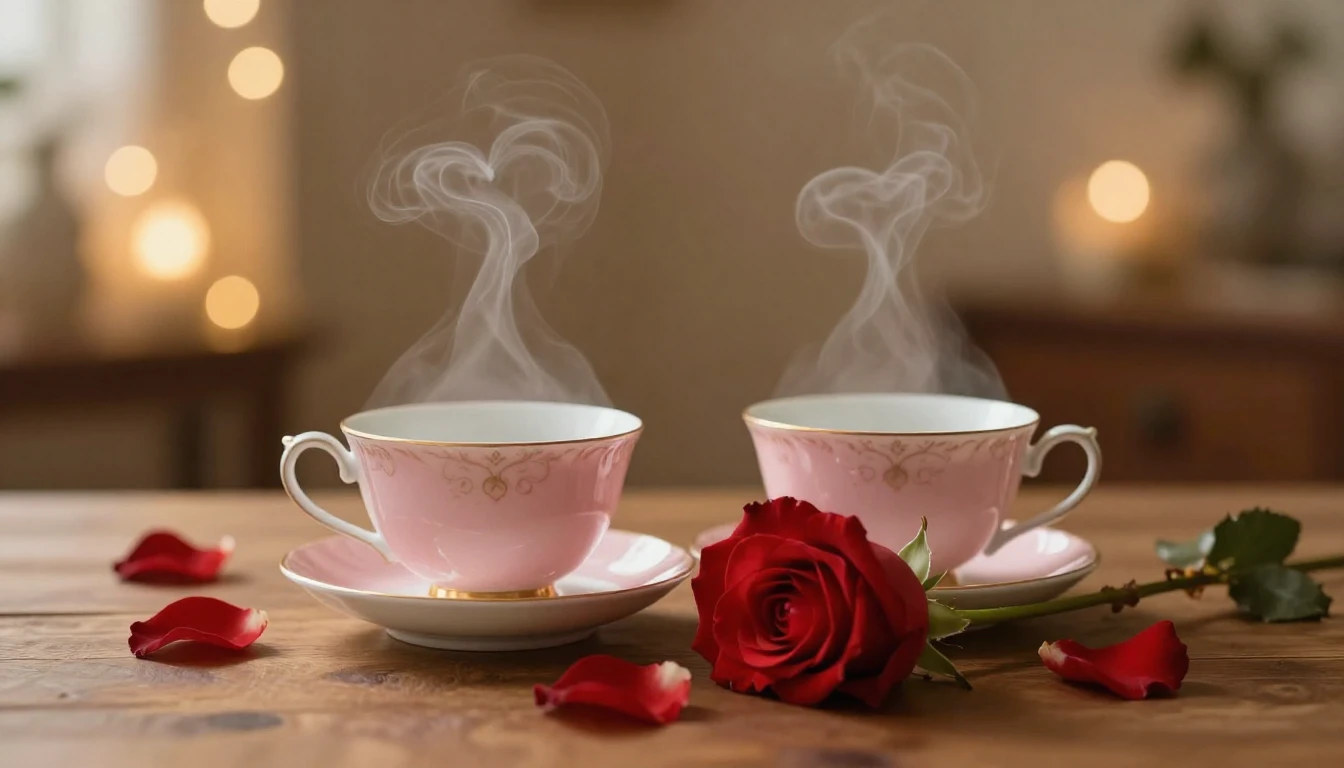 A serene and romantic scene featuring two delicate porcelain...