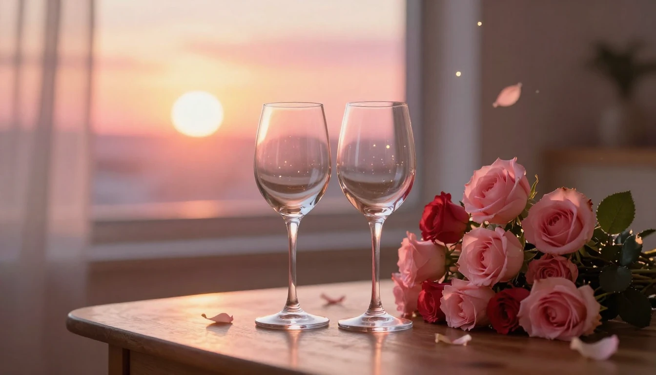 A delicate scene featuring two elegant wine glasses sitting ...