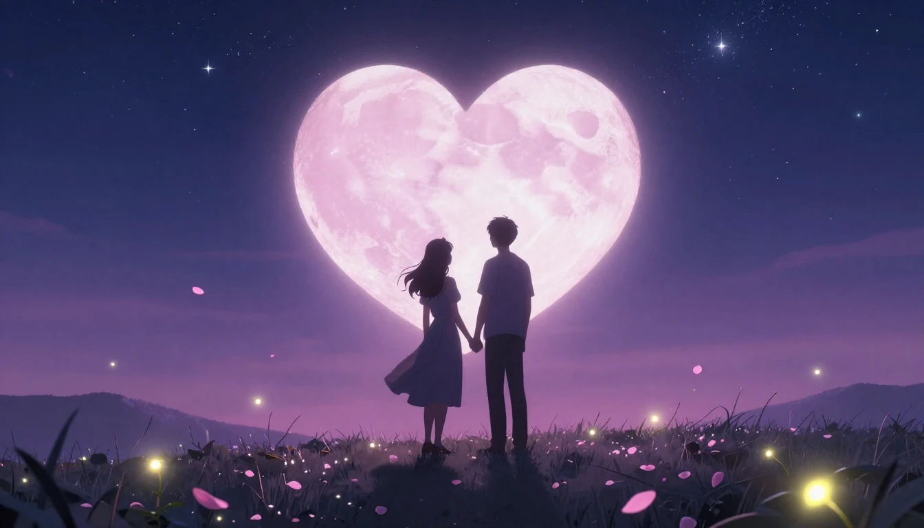 A romantic scene featuring a silhouette of a couple standing...