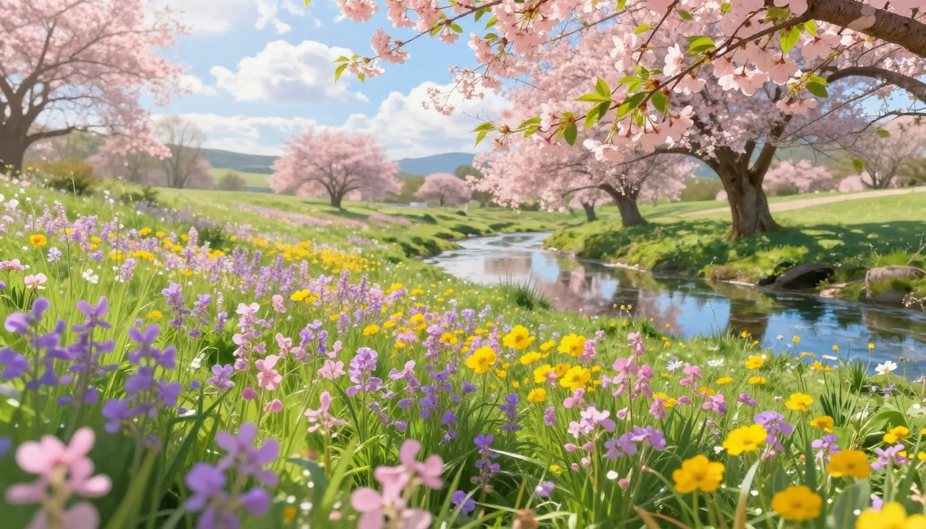 A breathtaking spring meadow filled with a vibrant tapestry ...