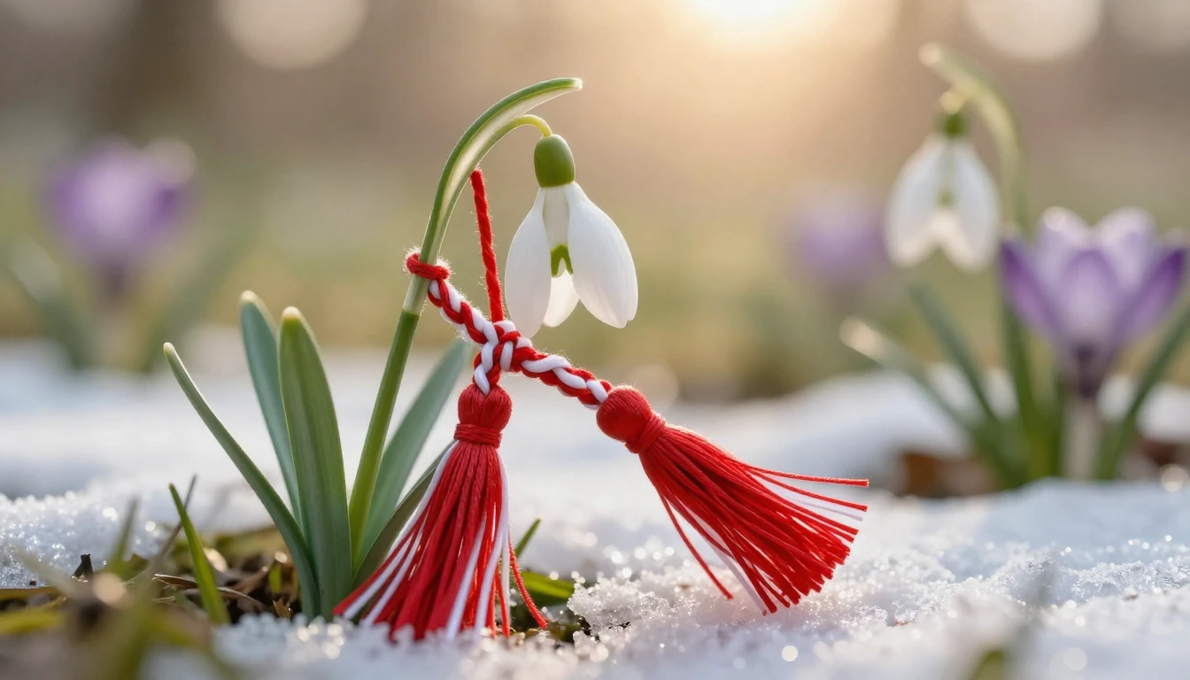 A close-up, artistic composition of a traditional Mărțișor t...