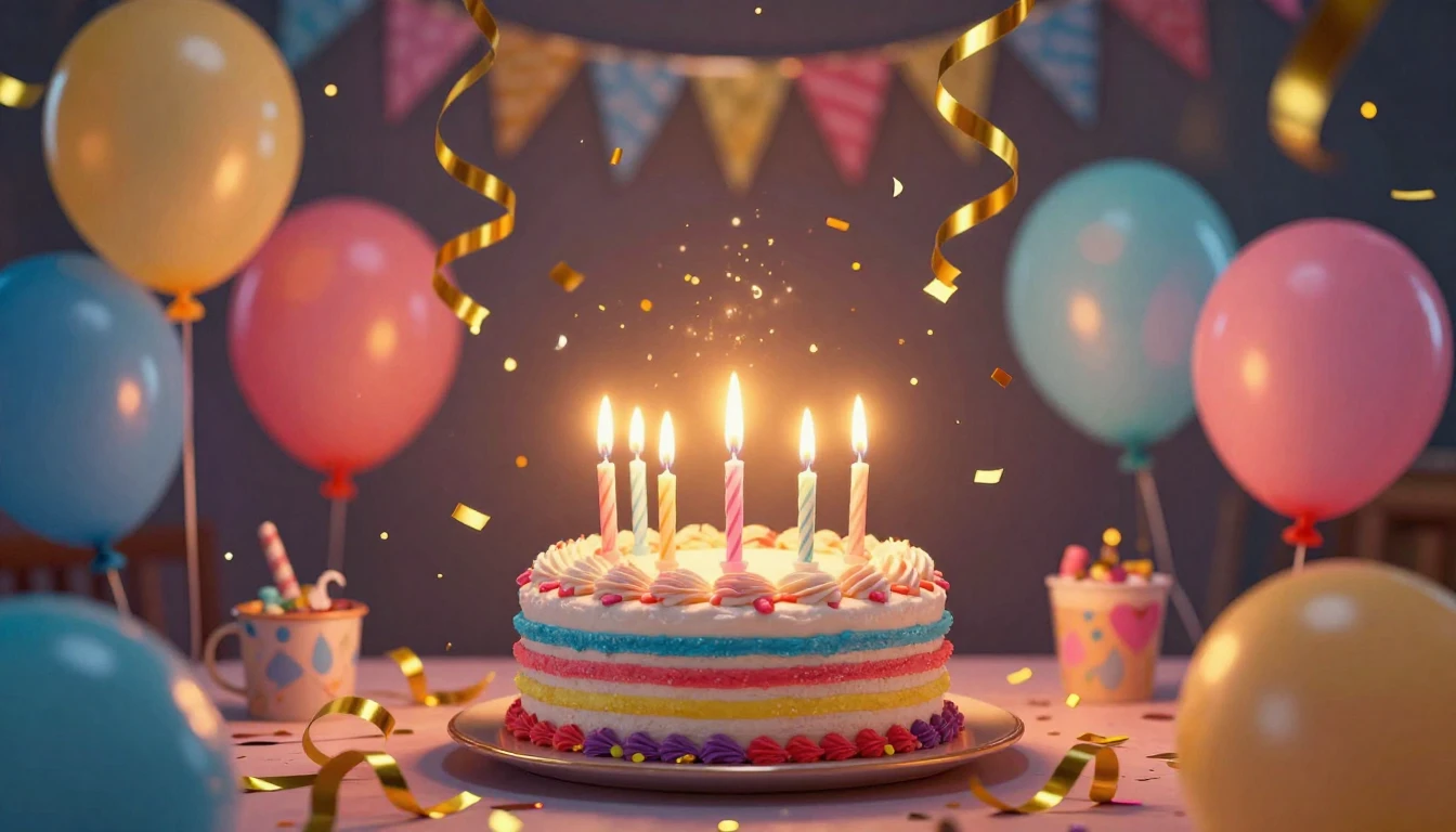 A vibrant and festive birthday party scene designed as a mus...