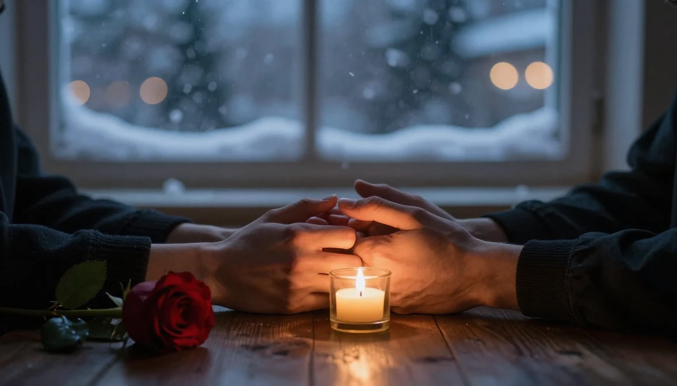 A romantic close-up scene at twilight. Two hands holding eac...