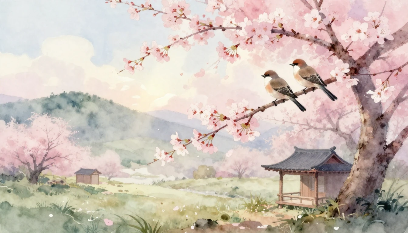 A delicate watercolor painting of a serene landscape in earl...