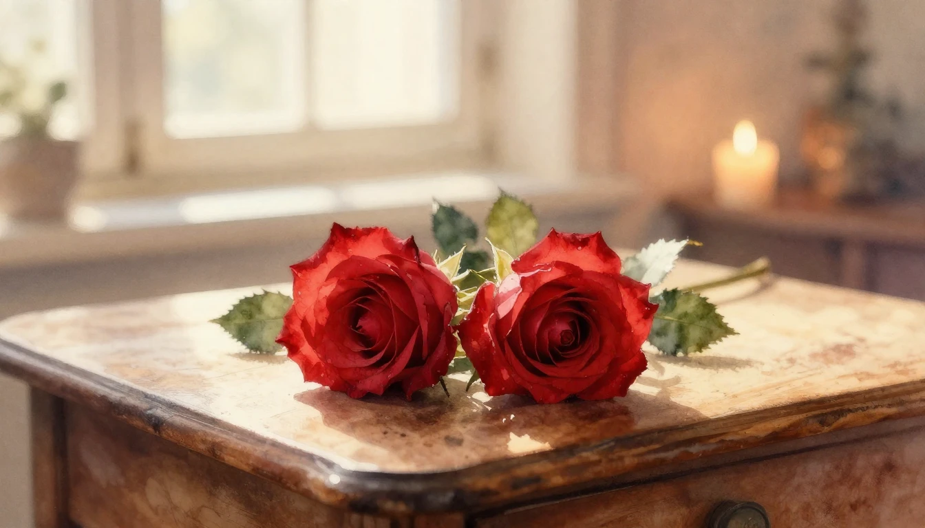 A delicate watercolor painting of two intertwined red roses ...