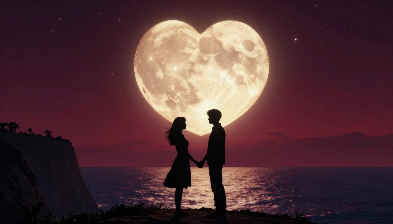 A romantic scene featuring a silhouette of a couple holding ...