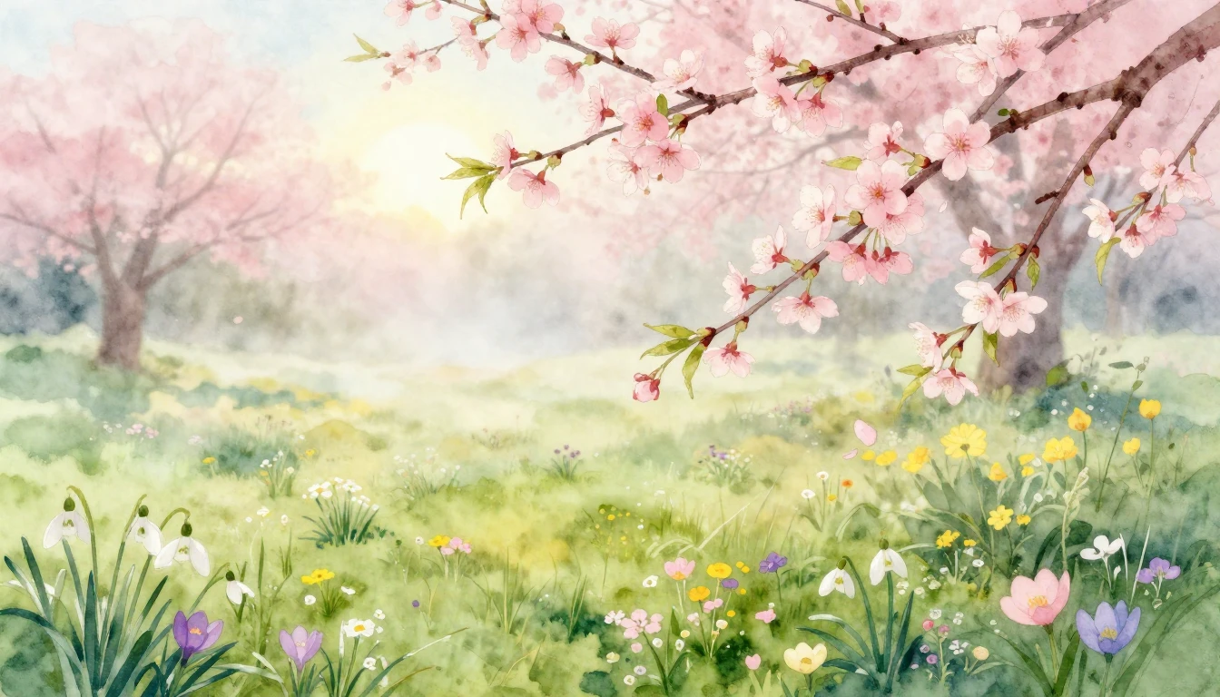 A serene spring landscape in a soft watercolor style. Delica...