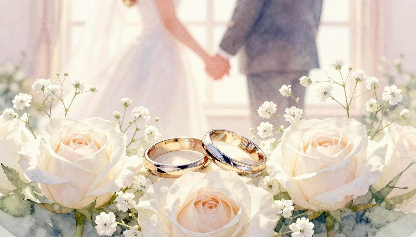 A soft and romantic watercolor painting depicting a pair of ...