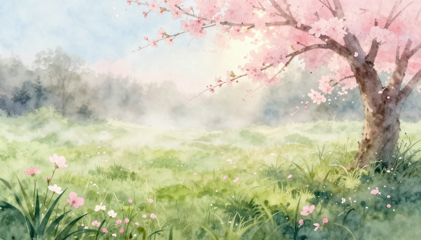 A beautiful watercolor painting of a lush meadow at dawn dur...