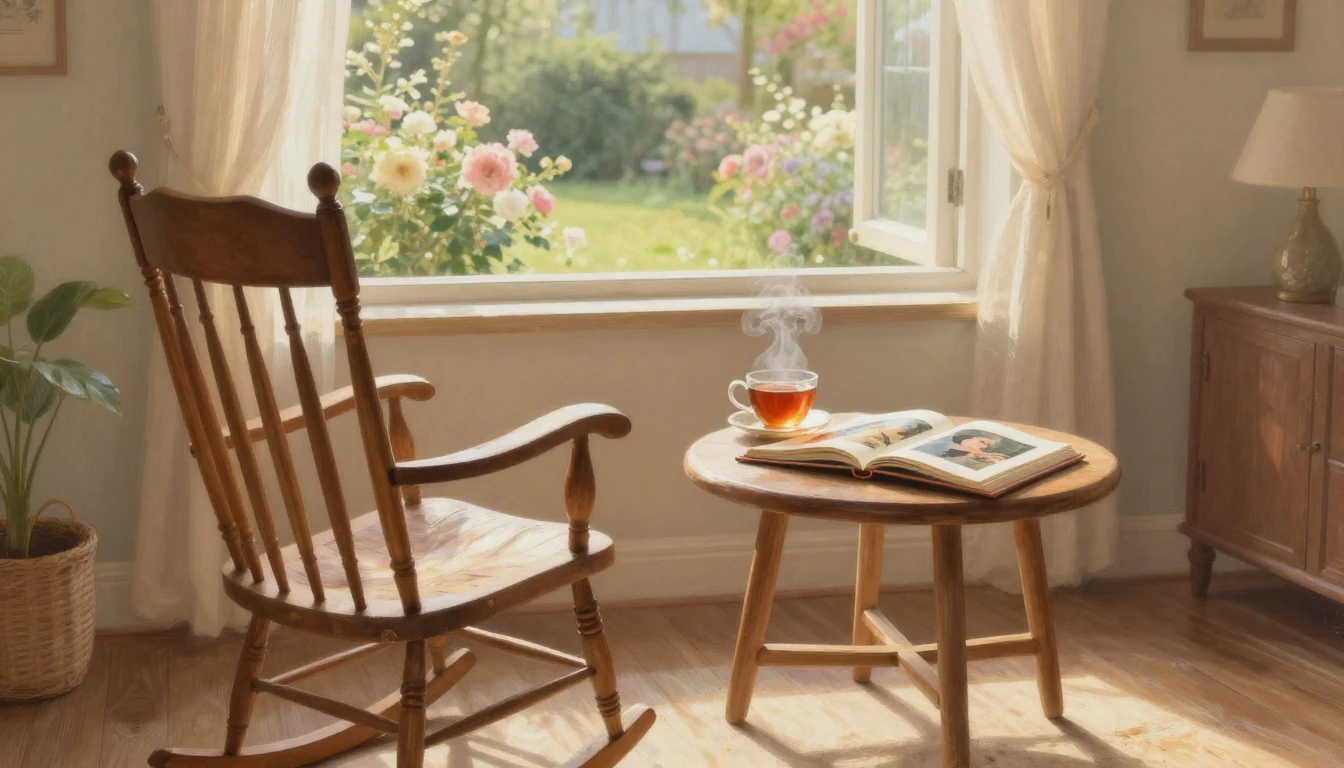 A cozy living room scene bathed in the soft, warm glow of a ...