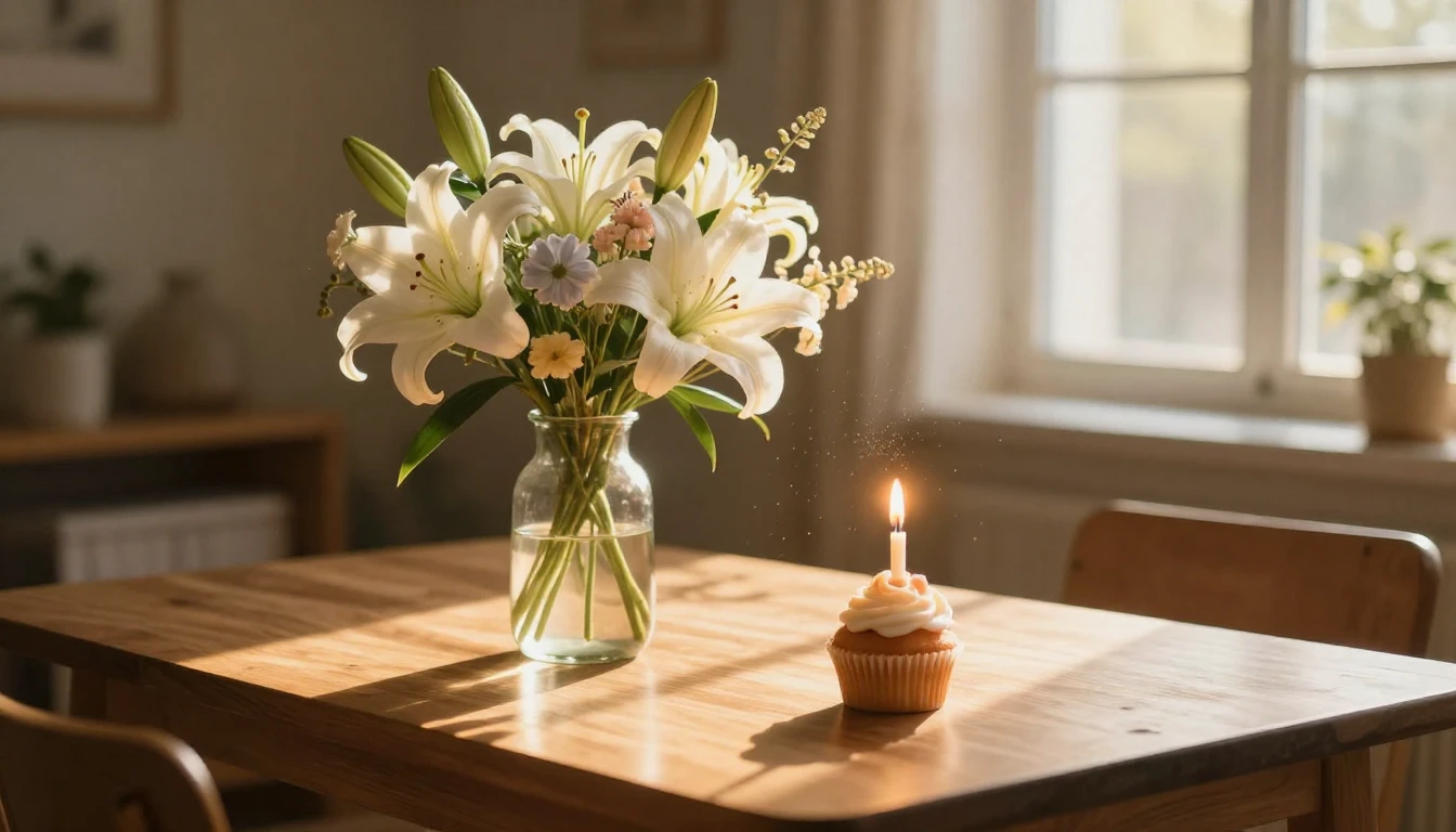 A cinematic, high-detail shot of a sun-drenched wooden table...