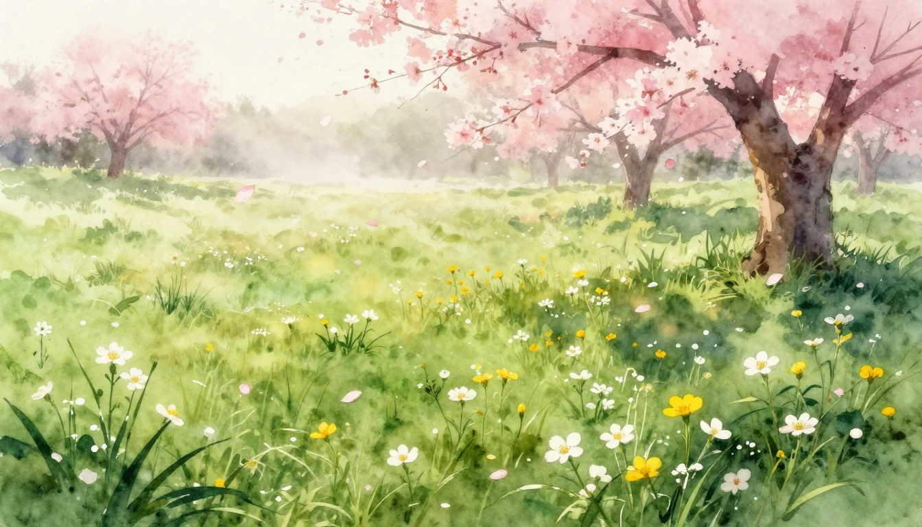 A beautiful watercolor painting of a lush green meadow at da...