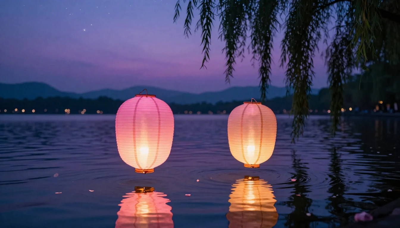 A beautiful and romantic scene featuring two glowing paper l...