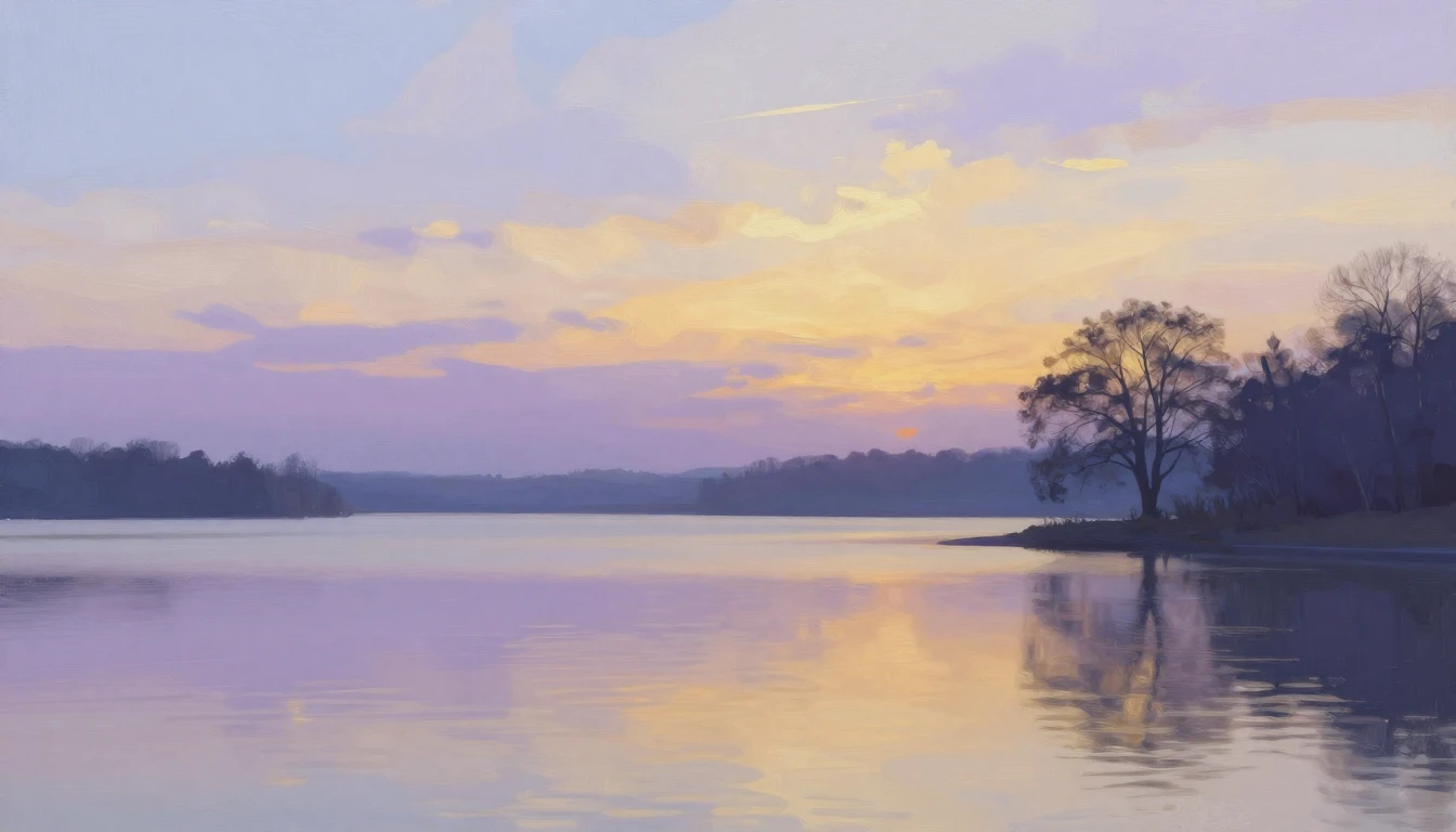 A serene landscape featuring a calm lake at sunset. The colo...