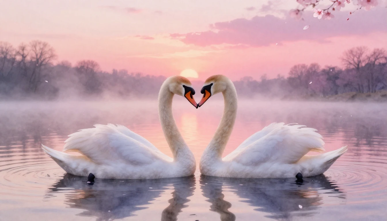 A dreamy watercolor painting of two elegant swans forming a ...