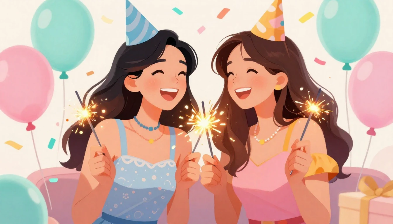 A vibrant and festive illustration of two young women laughi...