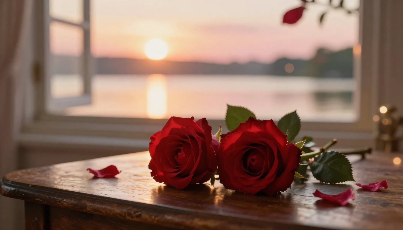 A beautiful and delicate scene featuring two intertwined red...