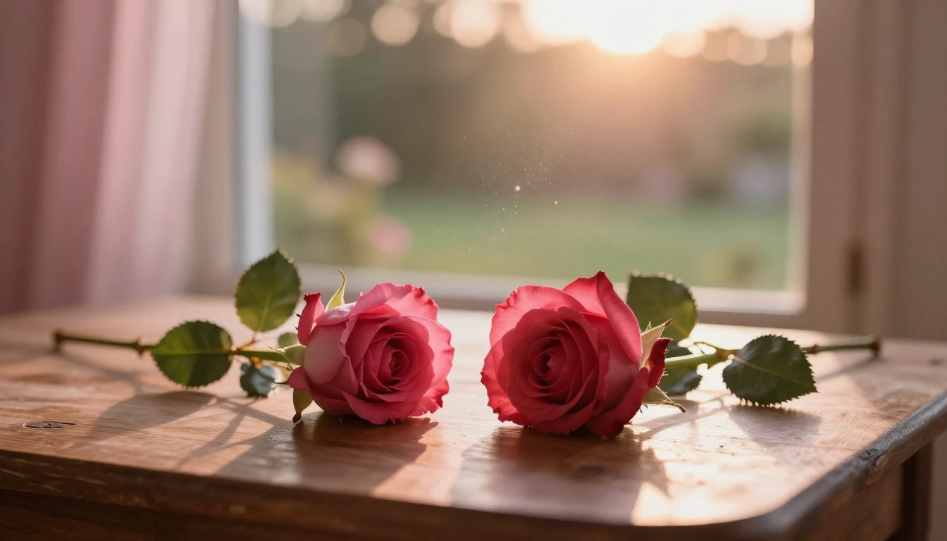 A dreamlike and ethereal scene featuring two delicate red ro...