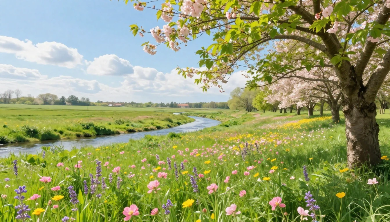 A serene landscape featuring a lush green meadow filled with...