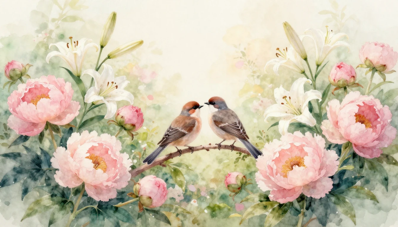 A delicate watercolor painting of a blooming garden filled w...