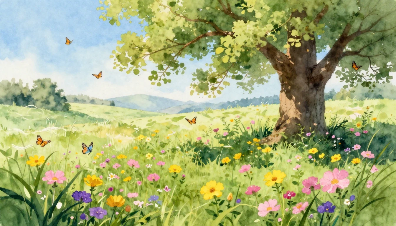 A vibrant watercolor painting of a lush meadow filled with b...