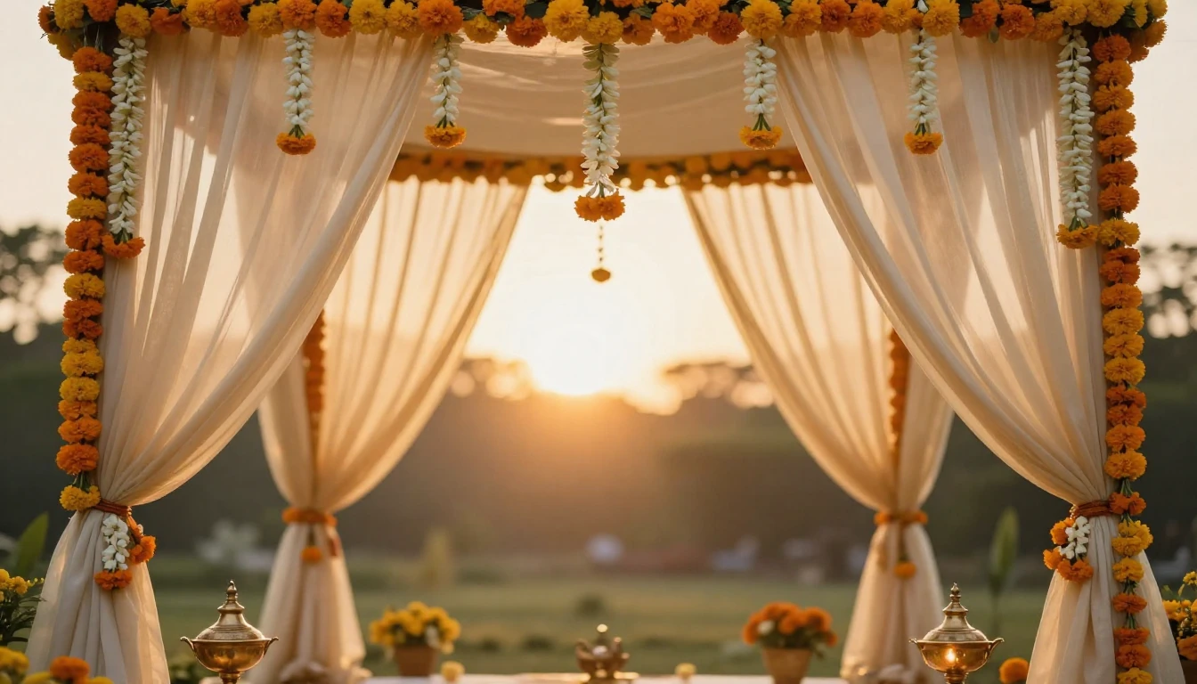 A beautiful, soft-focus scene of a traditional wedding canop...