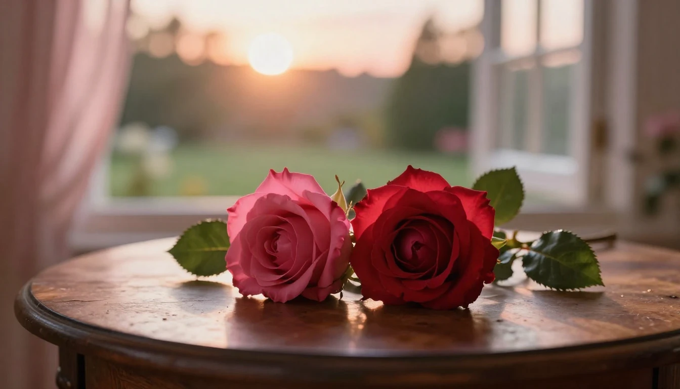 A romantic and dreamy scene featuring two intertwined red ro...