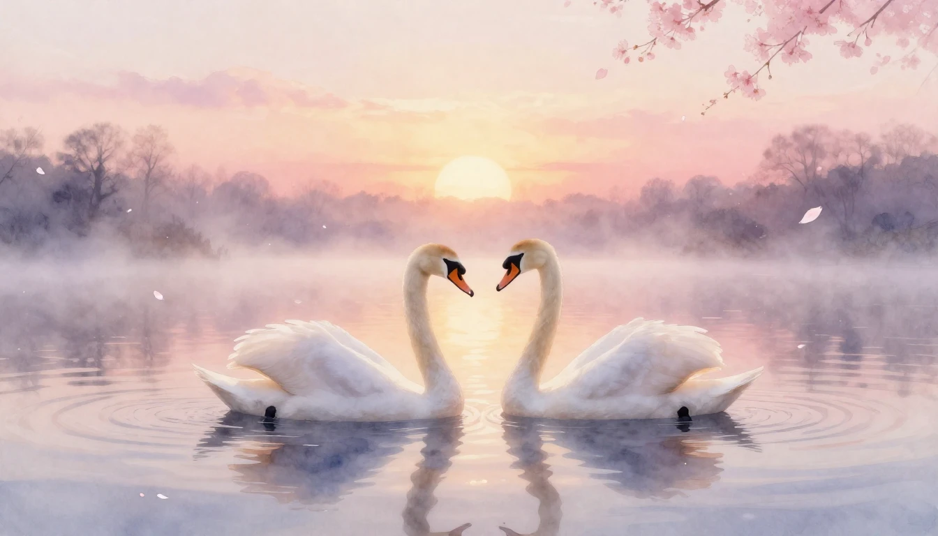 A dreamy watercolor painting of two elegant swans gliding on...